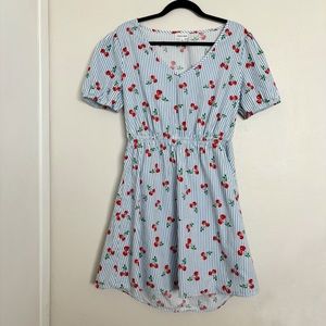 Chloe+Rene Striped Cherry Short Sleeve Mini Dress Size Large Back Cut Out Cotton